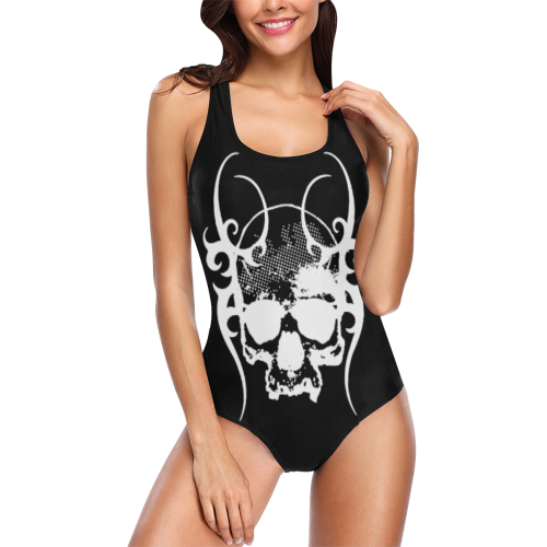 Horned Skull Goth Art Vest One Piece Swimsuit (Model S04)