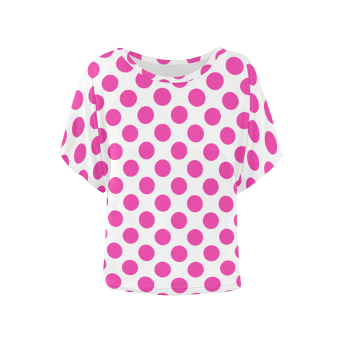 Pink Polka Dots on White Women's Batwing-Sleeved Blouse T shirt (Model T44)
