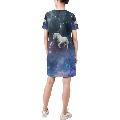 Unicorn and Space Short-Sleeve Round Neck A-Line Dress (Model D47)