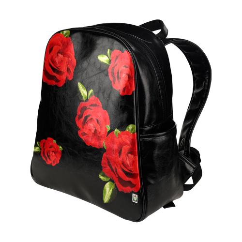 Fairlings Delight's Black Luxury Collection- Red Rose Multi-Pockets Backpack 53086b Multi-Pockets Backpack (Model 1636)