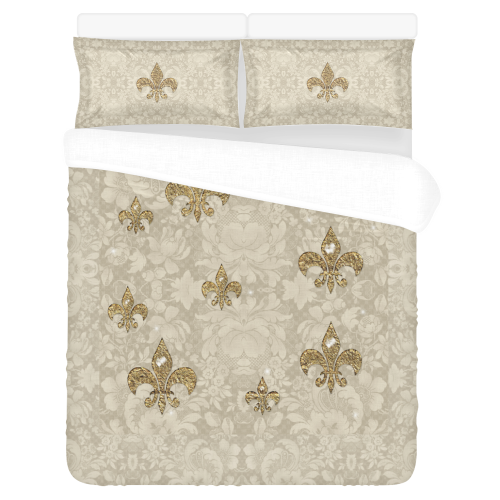 Gold Leaf Fleur De Lis Damask print 3-Piece Bedding Set
