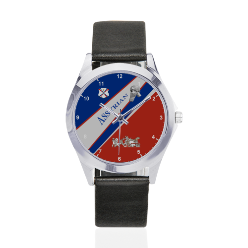 Assyrian Flag and King Sargon Unisex Silver-Tone Round Leather Watch (Model 216)