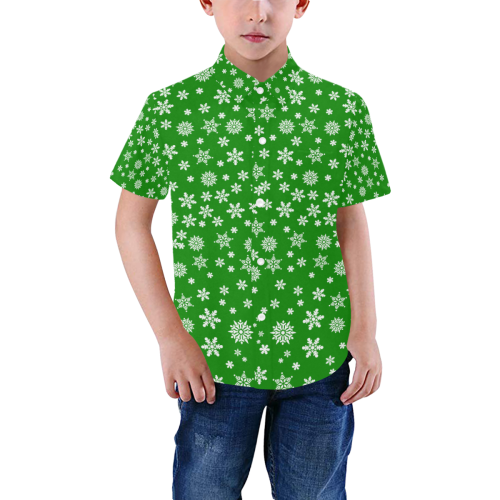 Christmas White Snowflakes on Green Boys' All Over Print Short Sleeve Shirt (Model T59)