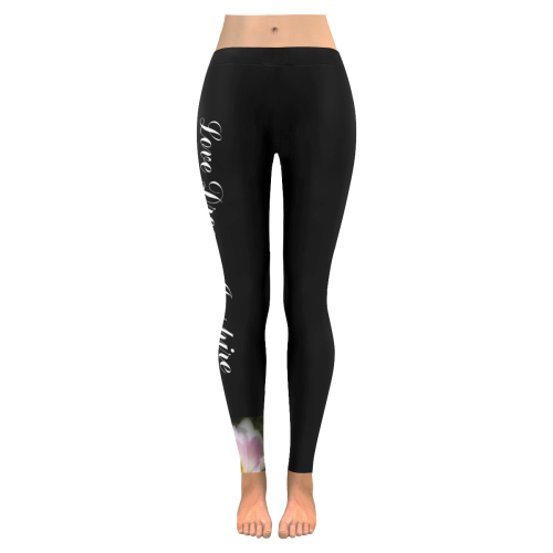 Black: Floating Pink Rose #LoveDreamInspireCo Women's Low Rise Leggings (Invisible Stitch) (Model L05)