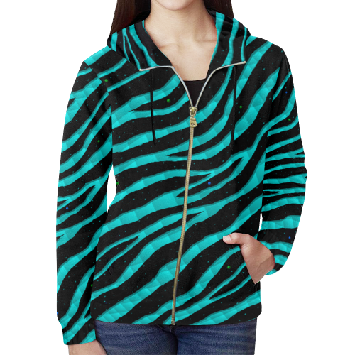 Ripped SpaceTime Stripes - Cyan All Over Print Full Zip Hoodie for Women (Model H14)