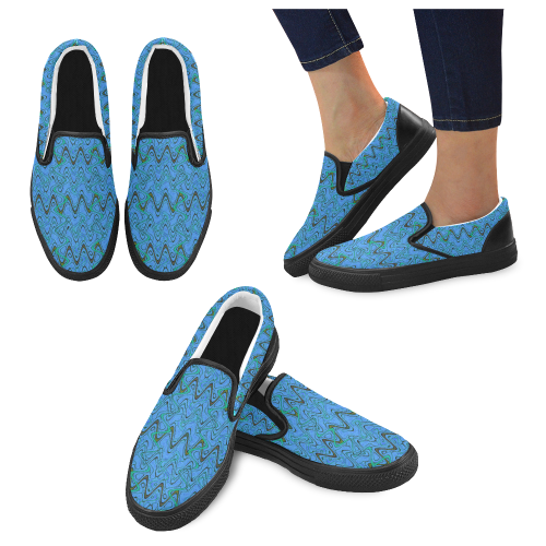 Blue Green and Black Waves pattern design Women's Unusual Slip-on Canvas Shoes (Model 019)