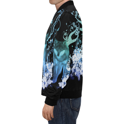 Awesome wolf with flowers All Over Print Bomber Jacket for Men (Model H19)