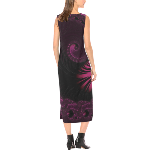 Bejeweled Purple Wave at Midnight Fractal Abstract Phaedra Sleeveless Open Fork Long Dress (Model D08)