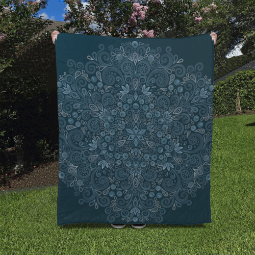 Blueberry Field, Blue, Watercolor Mandala Quilt 50"x60"