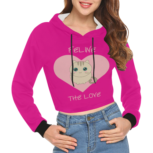 Feline the love (pink) All Over Print Crop Hoodie for Women (Model H22)