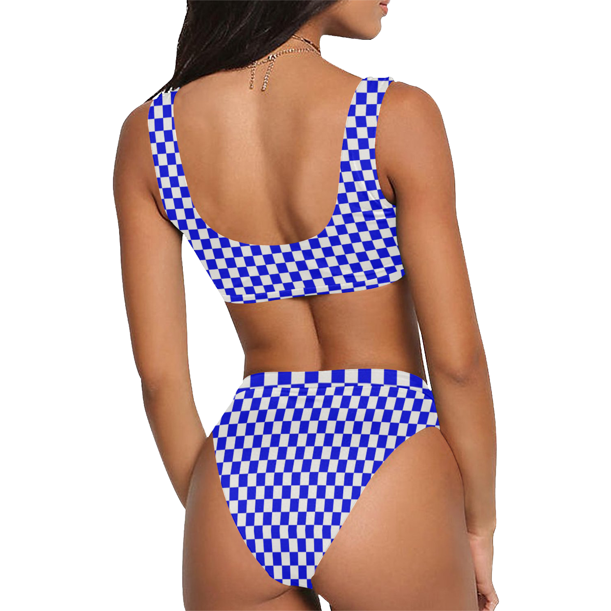 Bright Blue Gingham Sport Top High Waisted Bikini Swimsuit Model S