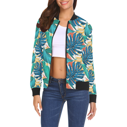 Tropical Jungle Leaves All Over Print Bomber Jacket for Women (Model H19)
