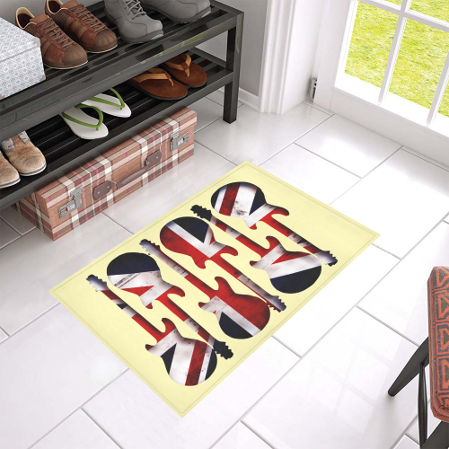 Union Jack British UK Flag Guitars on Yellow Azalea Doormat 24" x 16" (Sponge Material)