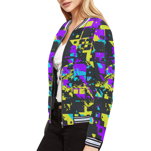 Purple yelllow squares All Over Print Bomber Jacket for Women (Model H21)