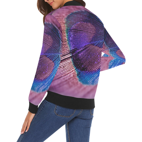 Purple Peacock Feather All Over Print Bomber Jacket for Women (Model H19)
