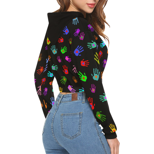 Multicolored HANDS with HEARTS love pattern All Over Print Crop Hoodie for Women (Model H22)