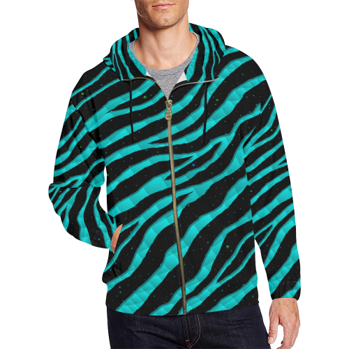 Ripped SpaceTime Stripes - Cyan All Over Print Full Zip Hoodie for Men/Large Size (Model H14)