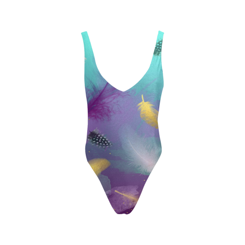 Dancing Feathers - Turquoise and Purple Sexy Low Back One-Piece Swimsuit (Model S09)
