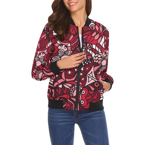 wine red burgundy doodle drawing art pattern All Over Print Bomber Jacket for Women (Model H19)