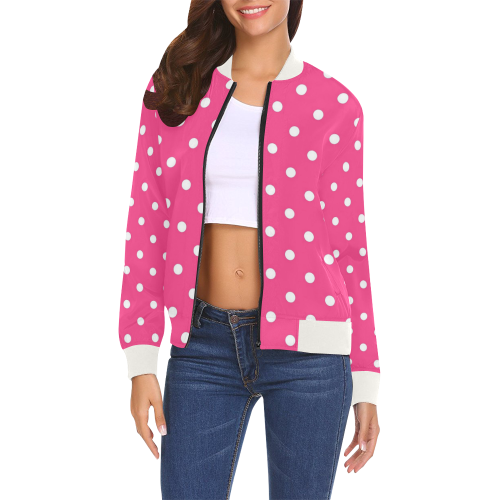 Hot Pink White Dots All Over Print Bomber Jacket for Women (Model H19)