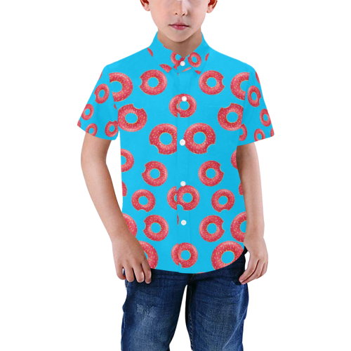 Blue and Pink Donut Button Down Boys' All Over Print Short Sleeve Shirt (Model T59)
