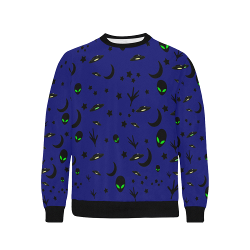 Alien Flying Saucers Stars Pattern on Blue Men's Rib Cuff Crew Neck Sweatshirt (Model H34)