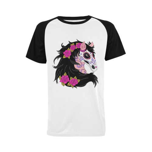 Sugar Skull Horse Pink Roses Black Men's Raglan T-shirt Big Size (USA Size) (Model T11)