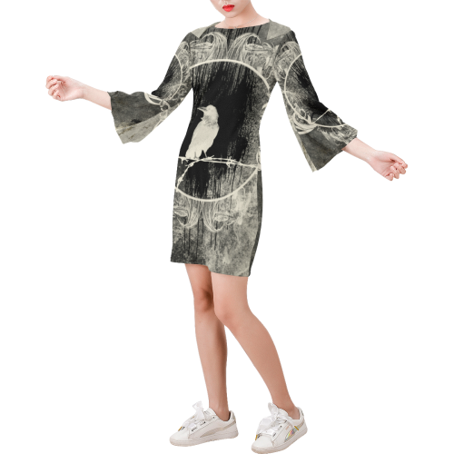 The crow with flowers, vintage design Bell Sleeve Dress (Model D52)