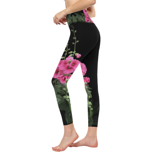 Pink Hollyhocks, floral watercolor Women's All Over Print High-Waisted Leggings (Model L36)