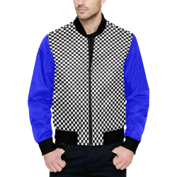 Checkerboard Black, White And Blue All Over Print Quilted Bomber Jacket for Men (Model H33)