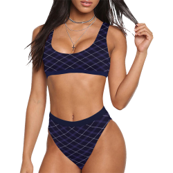 royal blue diagonal plaid Sport Top & High-Waisted Bikini Swimsuit (Model S07)