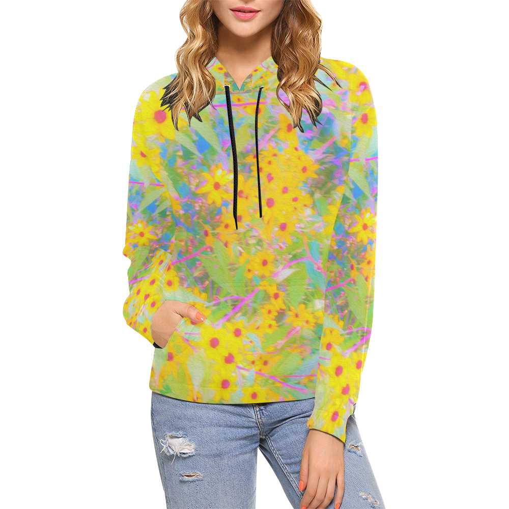 Pretty Yellow and Red Flowers with Turquoise All Over Print Hoodie for ...