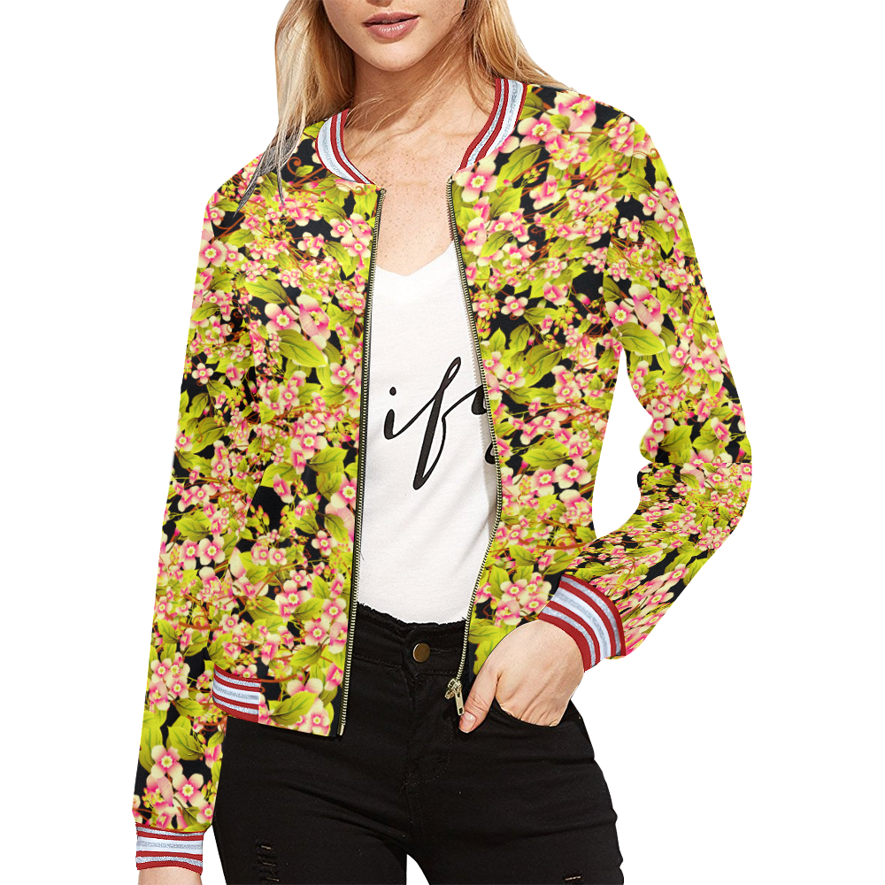 Hippo Floral Pattern Print Women Casual Bomber Jacket