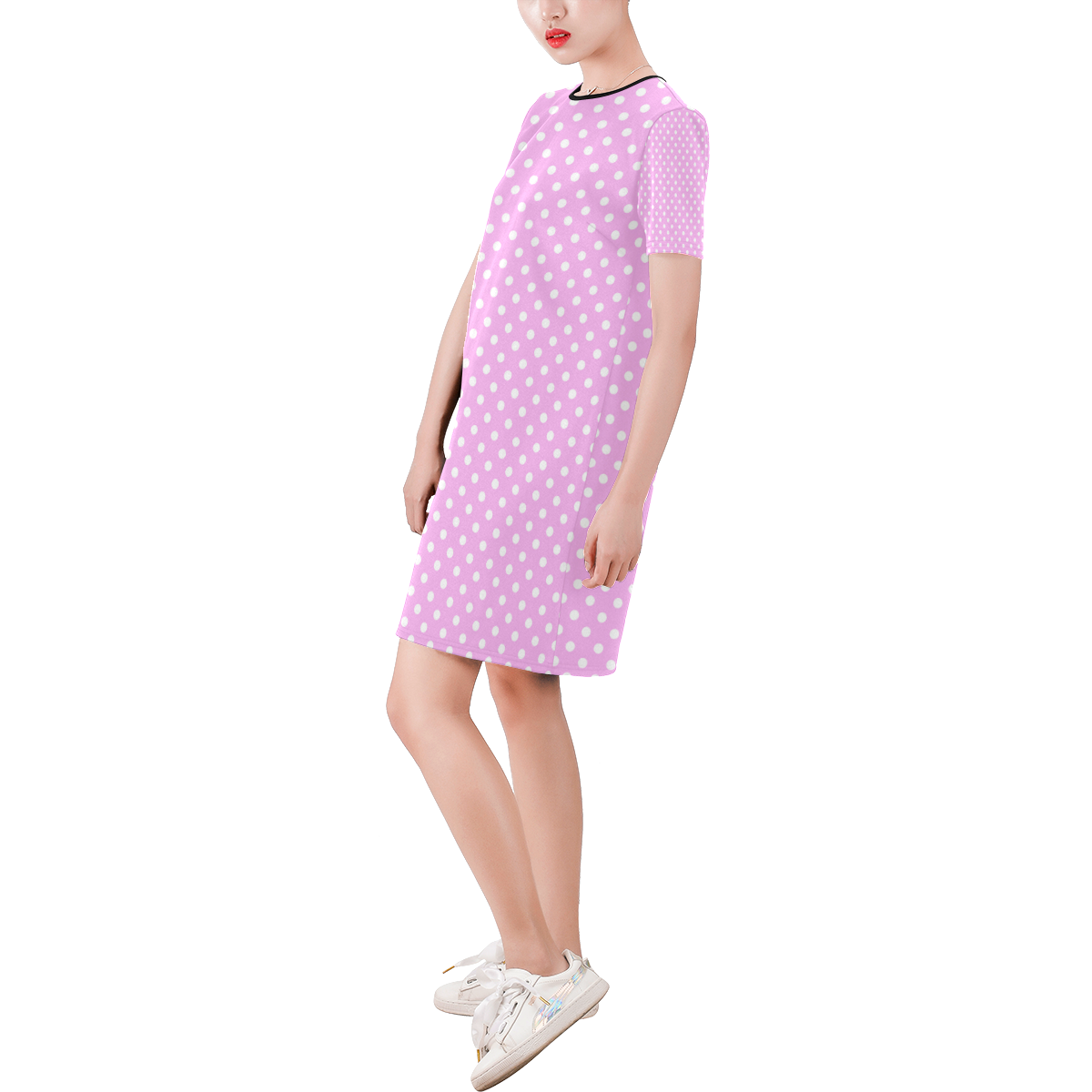 Polka-dot pattern Short-Sleeve Round Neck A-Line Dress (Model D47) | ID ...