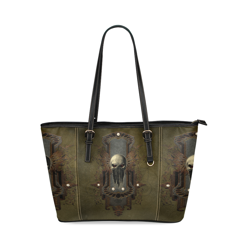 Awesome dark skull Leather Tote Bag/Small (Model 1640) | ID: D2514212