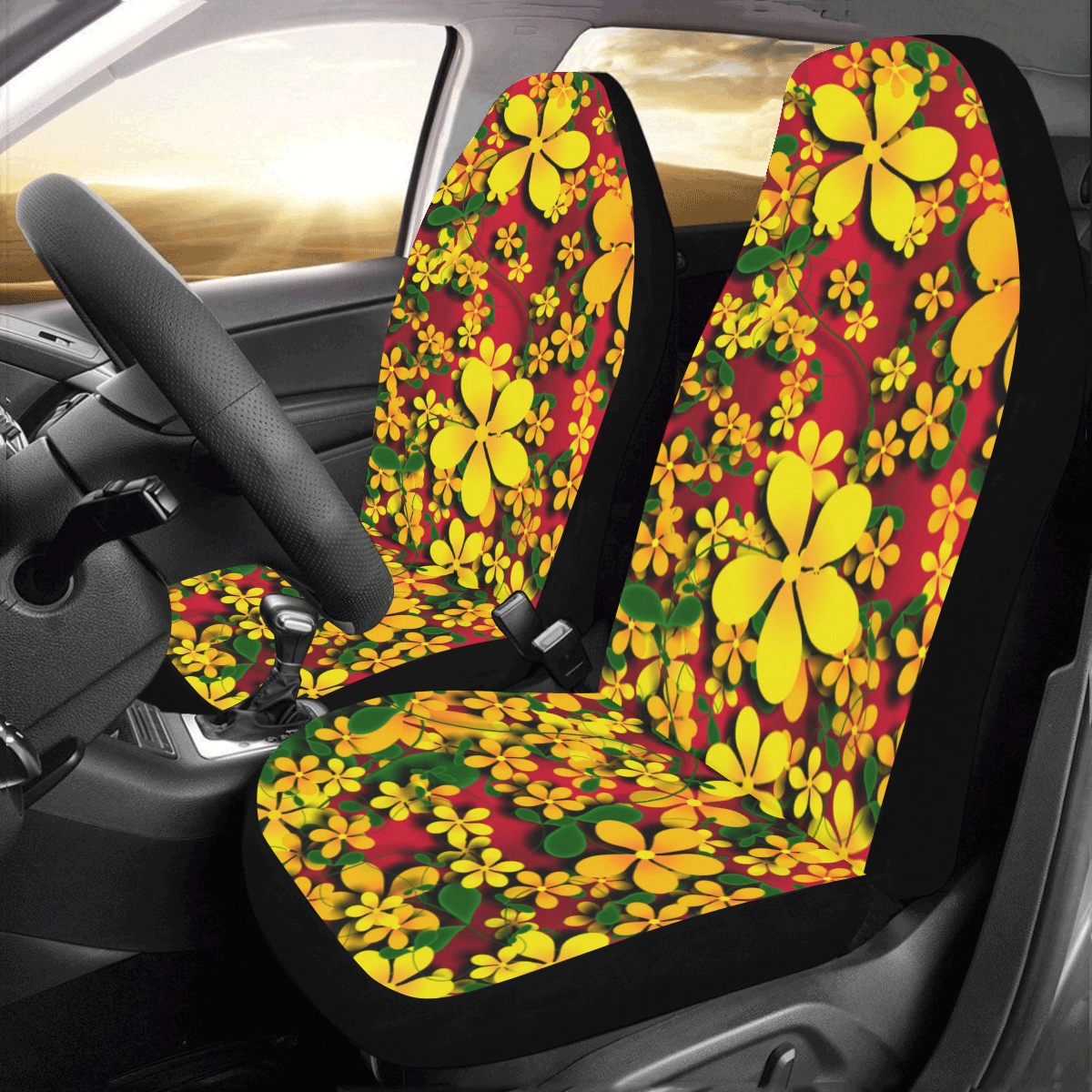 Pretty Orange & Yellow Flowers on Red Car Seat Covers (Set of 2) ID