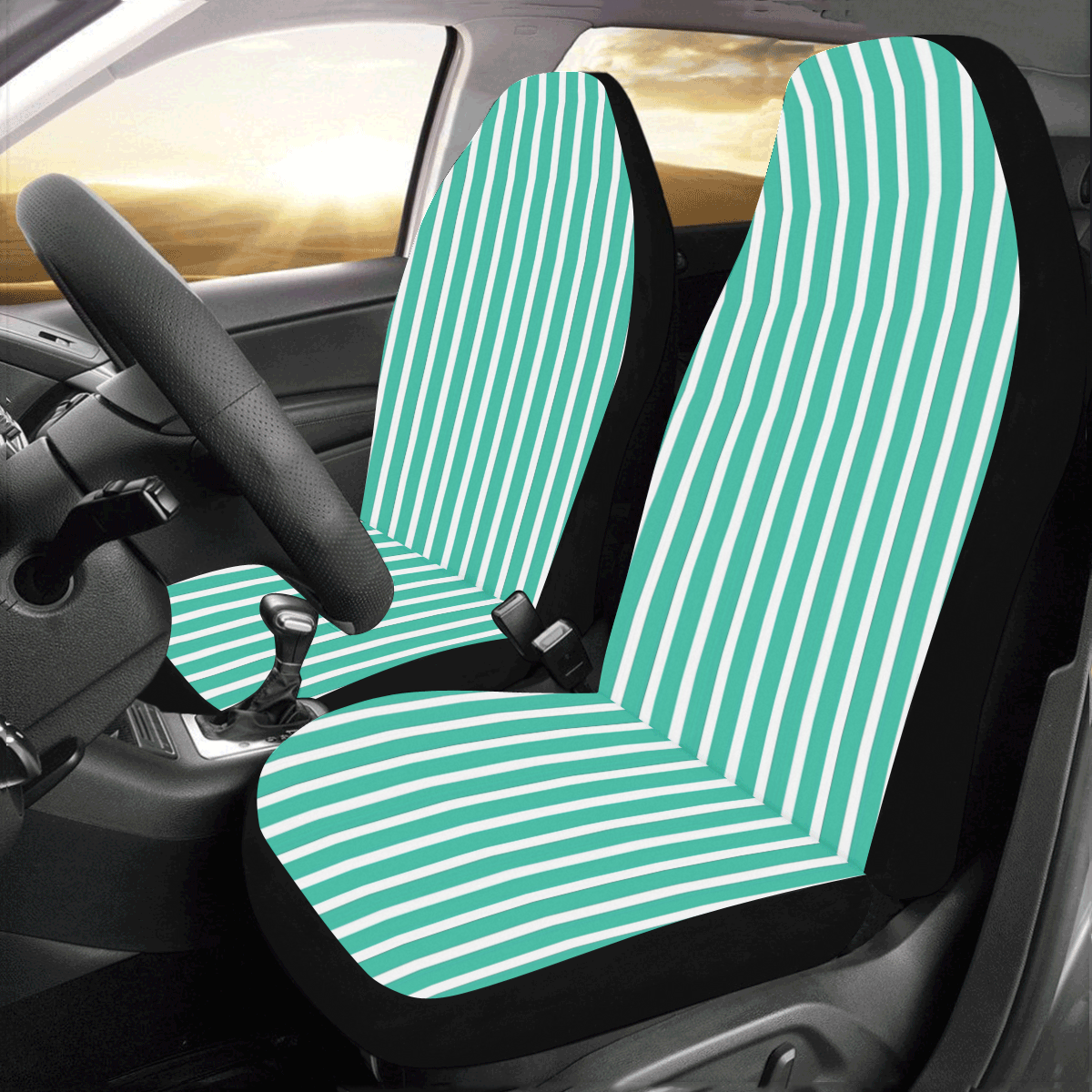 Aquamarine And White Candy Stripes Car Seat Covers (Set of 2) ID D3017822