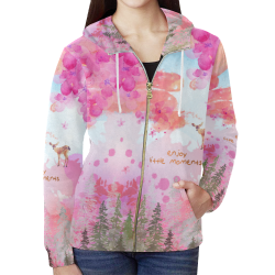Little Deer in the Magic Pink Forest All Over Print Full Zip Hoodie for Women (Model H14)