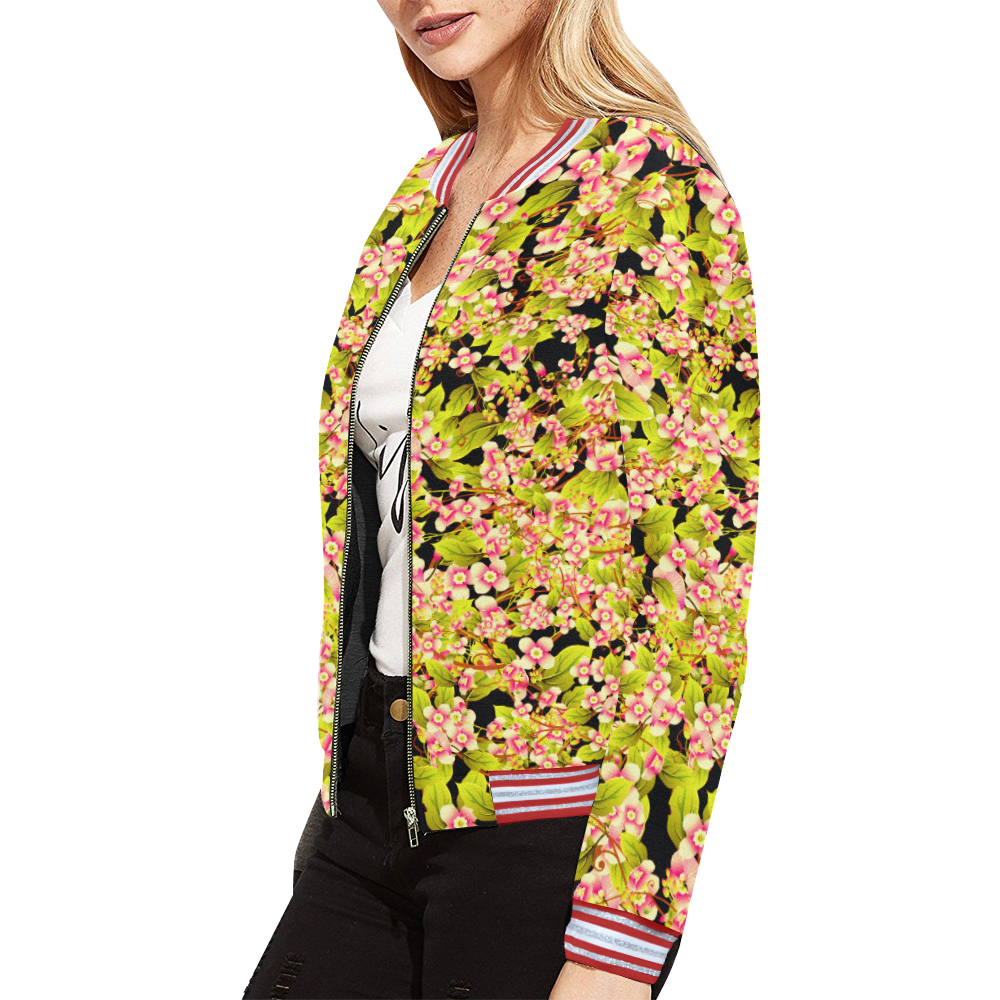 Sugar Skull Skeleton Girly Floral Pattern Print Women Casual Bomber Jacket