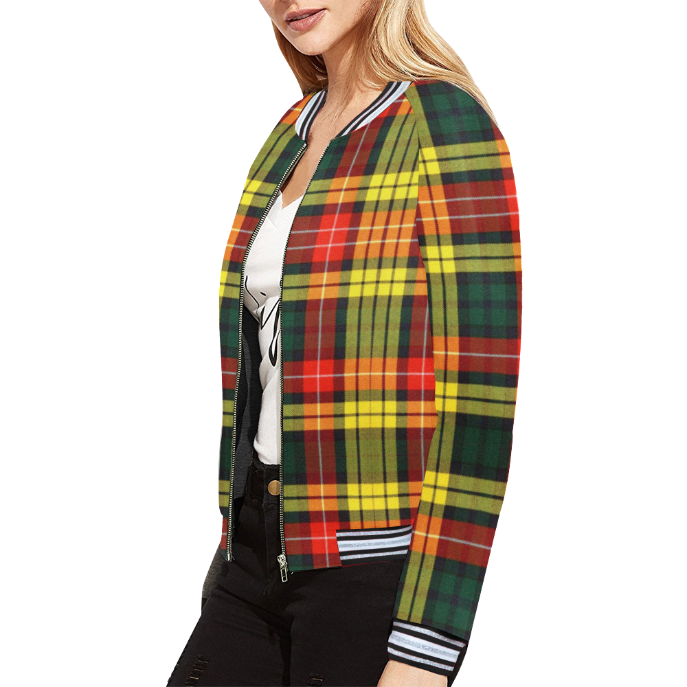 Beige Plaid Tartan Print Women's Bomber Jacket