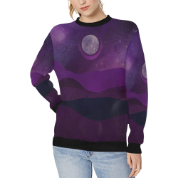 Purple Moon Night Women's Rib Cuff Crew Neck Sweatshirt (Model H34)