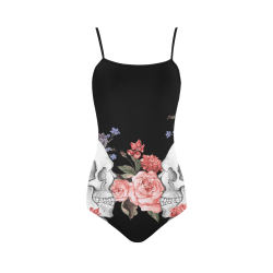 watercolor Flower with nice skull Strap Swimsuit ( Model S05)