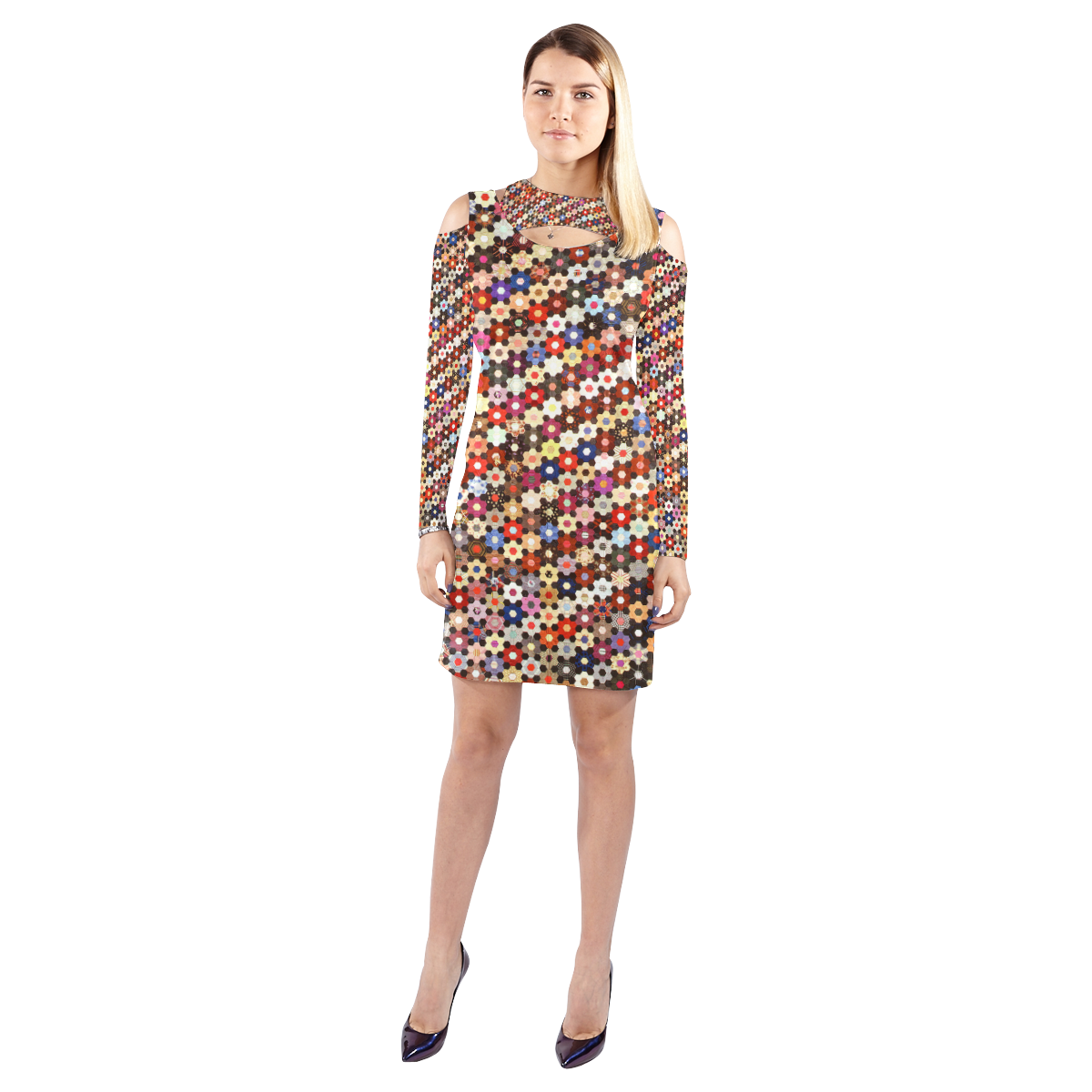 colorful mosaic quilt pattern Cold Shoulder Long Sleeve Dress (Model ...