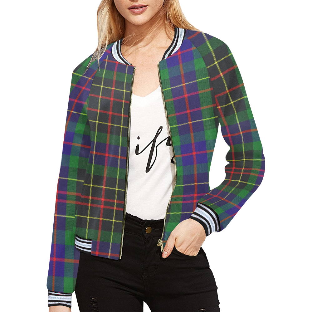 Green Plaid Tartan Print Women's Bomber Jacket