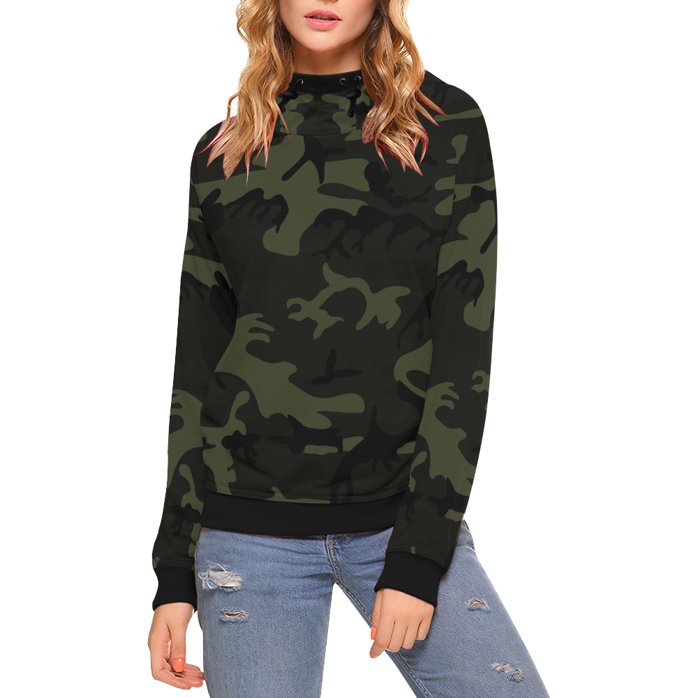 Camo Green High Neck Pullover Hoodie for Women (Model H24) | ID: D2761780