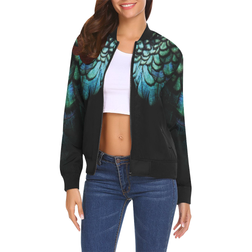 blue feathered peacock wings animalprint design by cglightningART All Over Print Bomber Jacket for Women (Model H19)