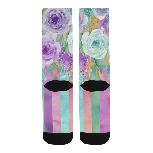 Watercolor Flowers Stripes Cyan Purple Orange Trouser Socks (For Men)