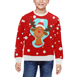 Funny Christmas Reindeer Red Ugly Sweater All Over Print Crewneck Sweatshirt for Kids (Model H29)
