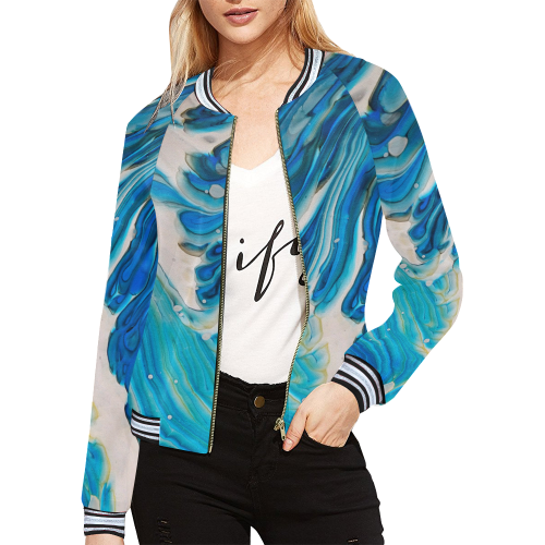 blue feathers All Over Print Bomber Jacket for Women (Model H21)