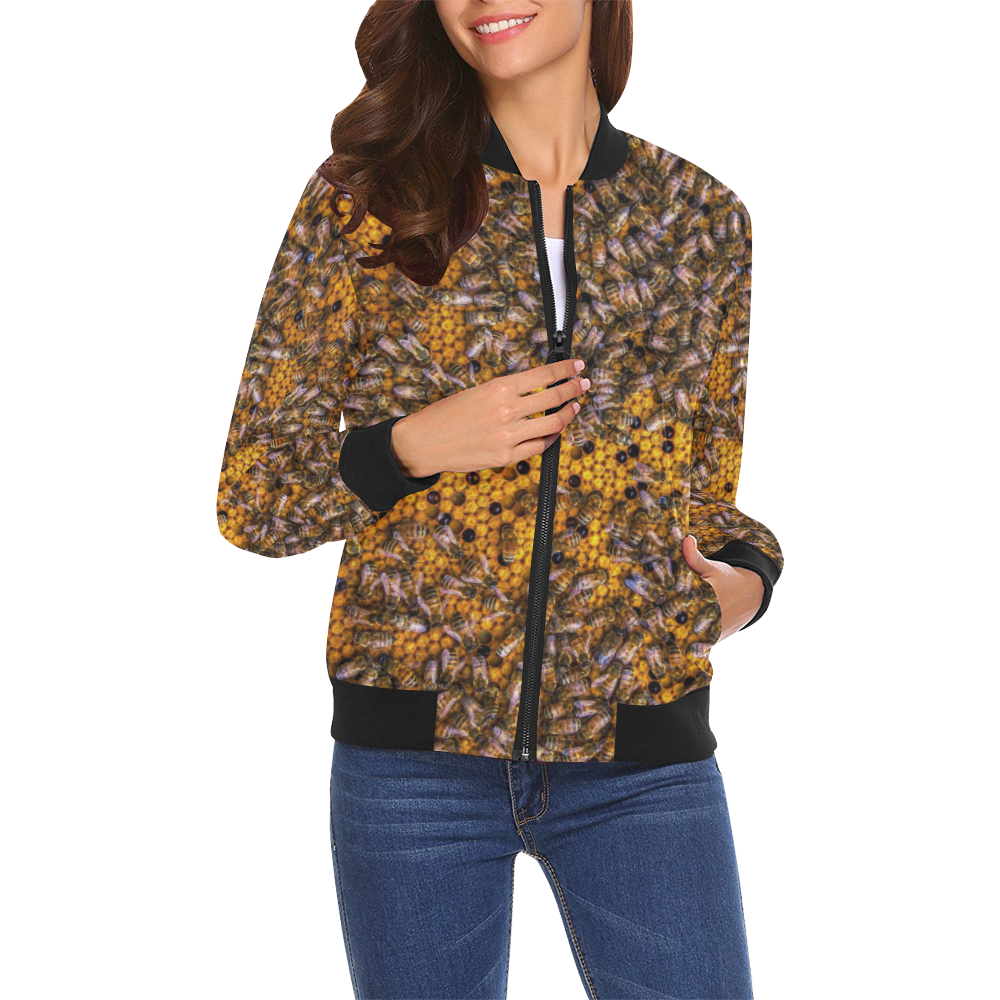 Bee Honey Gifts Pattern Print Women Casual Bomber Jacket